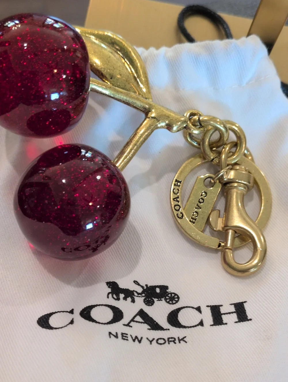 Coach Gold-Tone Keychain with Pink Glitter Cherry Charms
